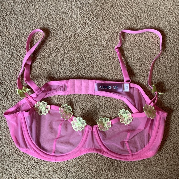Pink lace Adore Me push up bra and underwear. With lights green floral trim. - Picture 2 of 6